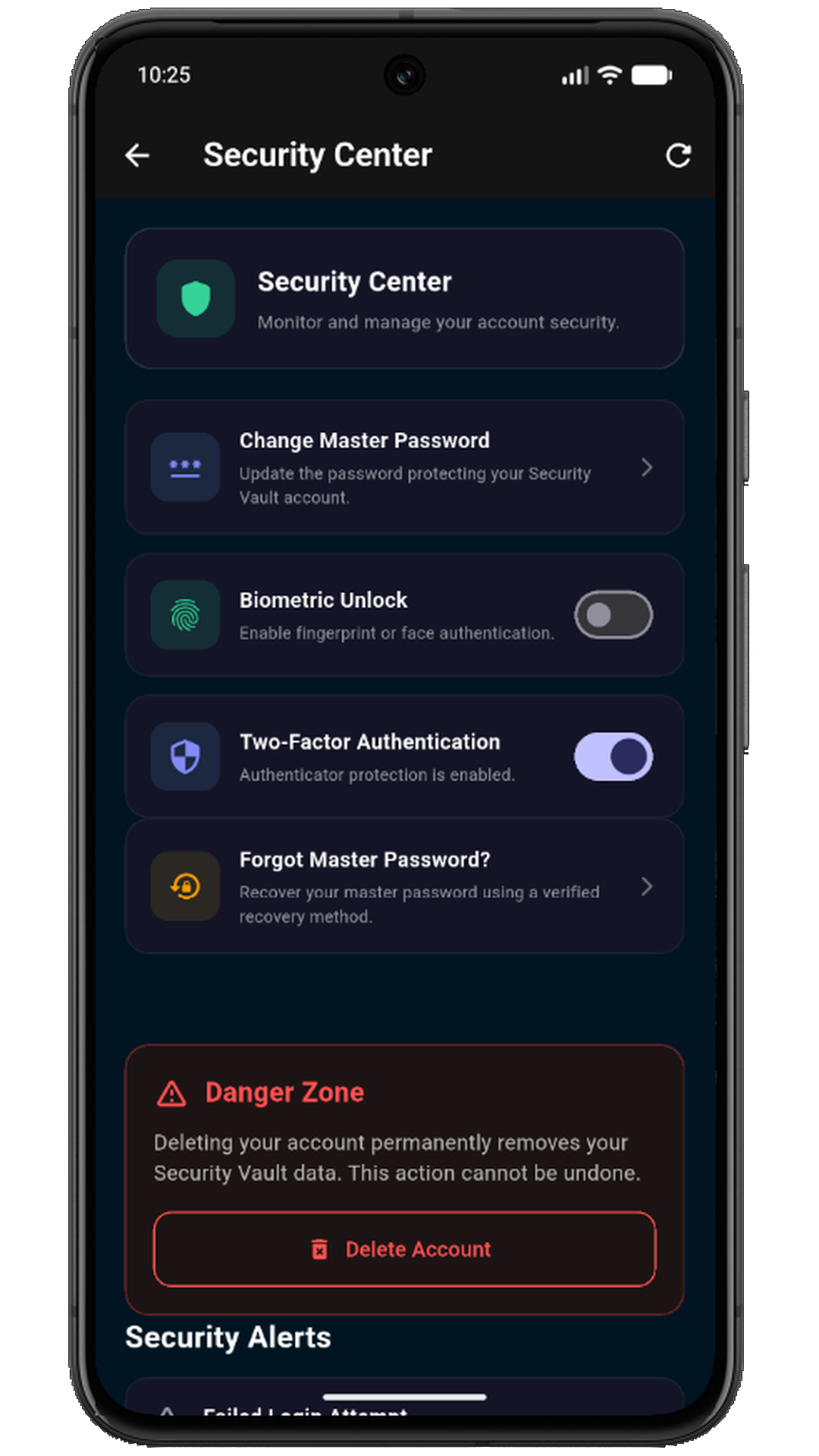 Security Vault mobile Security Center with account protection, two-factor authentication, recovery and account controls